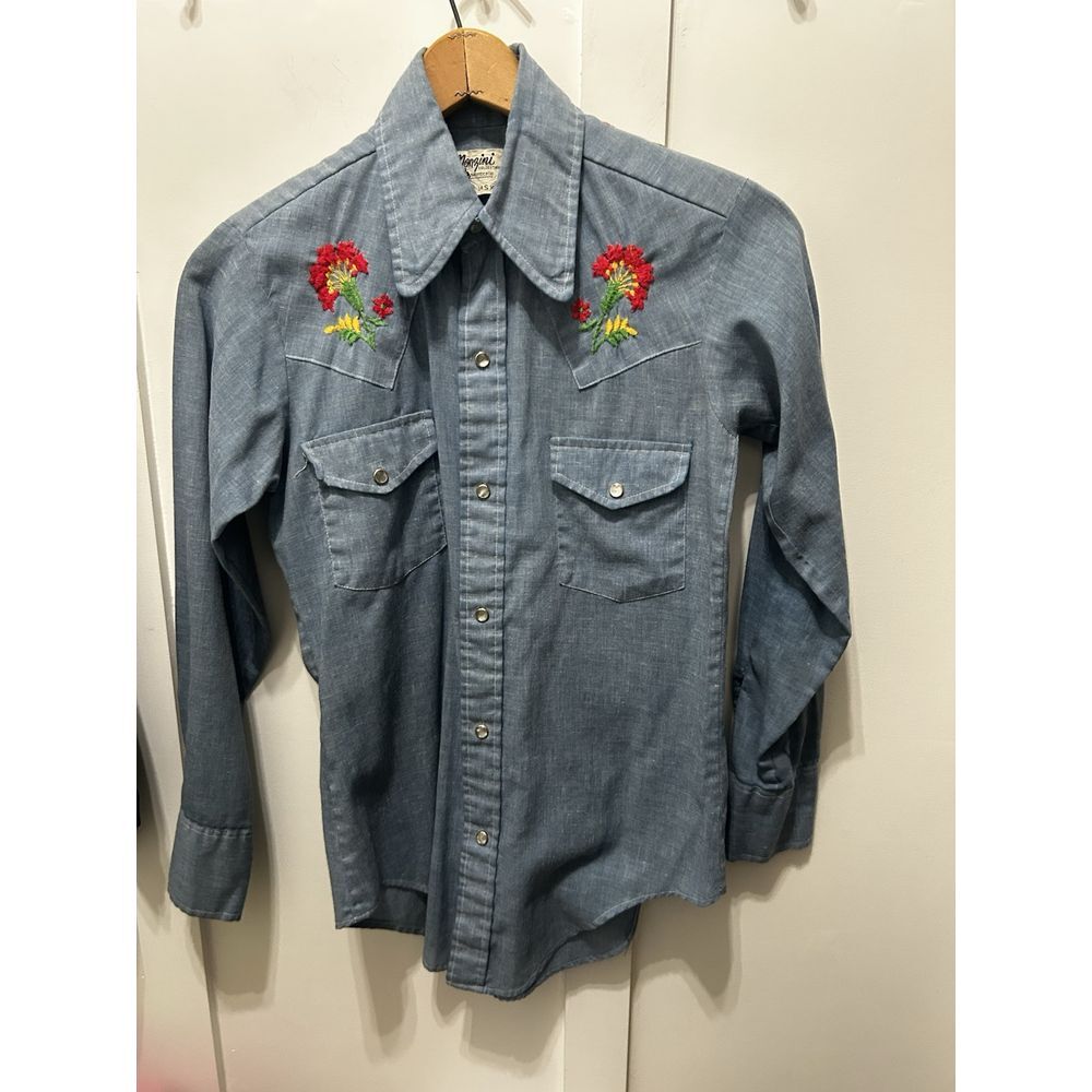 Vtg Monzini by Monticello Shirt Small 14S14.5 ‎ 70s Embroidery Pearl Snap Floral